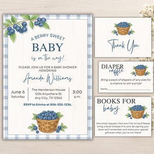 Blueberry Baby Shower Invitation – Berry Sweet Baby Invite, Berry Babyshower, Books for Baby, Diaper Raffle, Instant Download