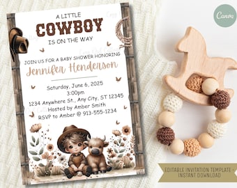 May include: A baby shower invitation with a cowboy theme. The invitation includes the text "A Little Cowboy Is On The Way" and details for Jennifer Henderson's baby shower. A wooden rocking horse toy and a beaded teether are also in the image.