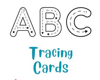 Puede incluir: Tarjetas de trazado educativas blancas con las letras A, B y C en formato de línea punteada para trazar. Las palabras "Tracing Cards" están en escritura turquesa. La imagen incluye huellas de manos coloridas, soles y un arcoíris.
