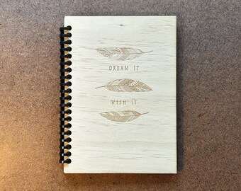 Feathers Wooden Notebook – Custom Engraved Journal