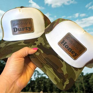 Custom His & Hers Trucker Hats, Foam Front, Faux Leather Patch