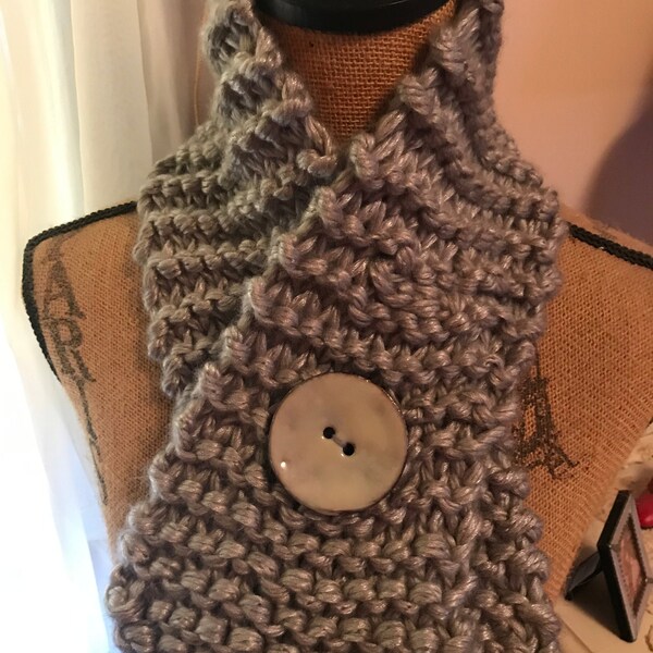 Hand knit silver neck warmer with white coconut button