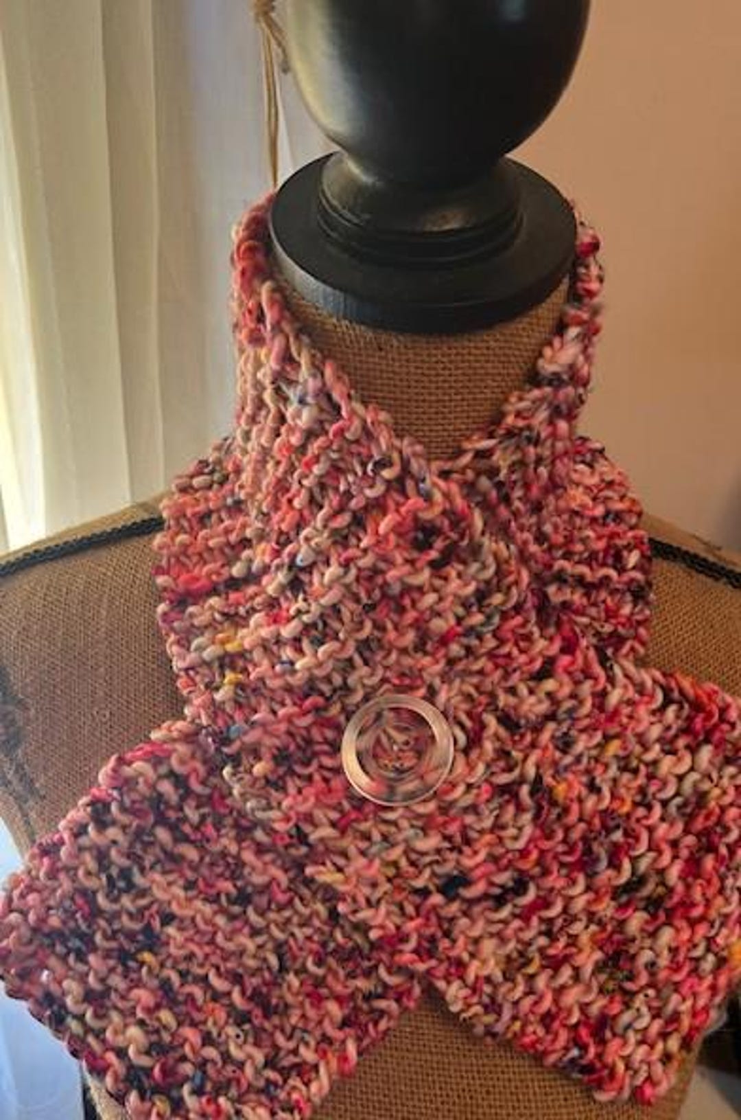Women's Multi Colored Hand Knit Scarf With Clear Vintage Button - Etsy