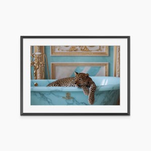 Leopard in Bathtub, Photography Prints, Bathroom Wall Art, Fine Art Print, Aesthetic Room Decor, Museum Quality Photography Poster