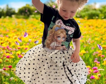 Falda de tutú de lunares para niña pequeña – Falda de cumpleaños hecha a mano – Conjunto blanco y negro para niña pequeña – Look de fiesta de primer cumpleaños.