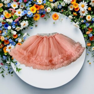 Puede incluir: Una falda de tul color melocot&oacute;n con m&uacute;ltiples capas y un dobladillo con volantes. La falda tiene una cintura plateada y se muestra sobre una superficie blanca, rodeada de un vibrante arreglo floral de flores coloridas, incluidas margaritas.