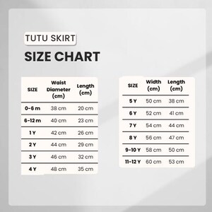 Puede incluir: Una tabla de tallas para faldas tut&uacute;, con medidas en cent&iacute;metros. La tabla incluye el di&aacute;metro de la cintura y la longitud para tallas de 0-6 meses a 4 a&ntilde;os, y el ancho y la longitud para tallas de 5Y a 11-12Y. El texto "TUTU SKIRT" est&aacute; en la parte superior.