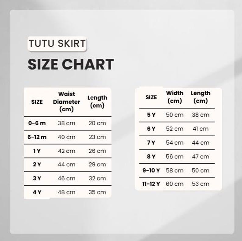 Puede incluir: Una tabla de tallas para faldas tut&uacute;, con medidas en cent&iacute;metros. La tabla incluye el di&aacute;metro de la cintura y la longitud para tallas de 0-6 meses a 4 a&ntilde;os, y el ancho y la longitud para tallas de 5Y a 11-12Y. El texto "TUTU SKIRT" est&aacute; en la parte superior.