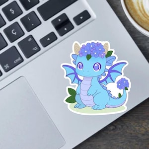 Hydrangea Dragon Sticker – Cute Floral Dragon Vinyl Sticker, Fridge Magnet or Bumper Sticker – Hand Drawn in Procreate,Kawaii Garden Fantasy