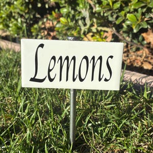 May include: A white rectangular garden marker with the word "Lemons" in black script. The marker is attached to a metal stake and is placed in a bed of green grass, with a background of green foliage.