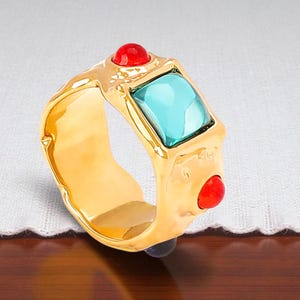 Retro Style Ring, Multicolor Gem Ring, 14K Gold Plated Gemstone Ring, Glass Stone Ring, Chunky Statement Ring, Retro Boho Ring, Gift For Her image 2