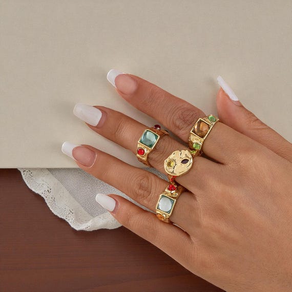 Retro Style Ring, Multicolor Gem Ring, 14K Gold Plated Gemstone Ring, Glass Stone Ring, Chunky Statement Ring, Retro Boho Ring, Gift For Her