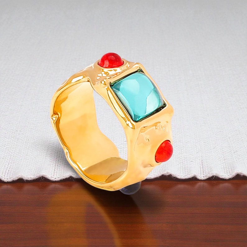 Retro Style Ring, Multicolor Gem Ring, 14K Gold Plated Gemstone Ring, Glass Stone Ring, Chunky Statement Ring, Retro Boho Ring, Gift For Her image 2