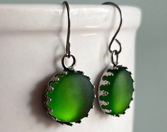 Green Sea Glass Earrings, Beach Glass Earrings, Bottle Green, Shamrock Green, Stainless Steel Earrings, Filigree Earrings, Hypoallergenic