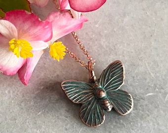 Rose Gold Butterfly Necklace, Verdigris Butterfly Necklace, Nature Inspired, Everyday Necklace, Handmade Necklace, Copper Butterfly