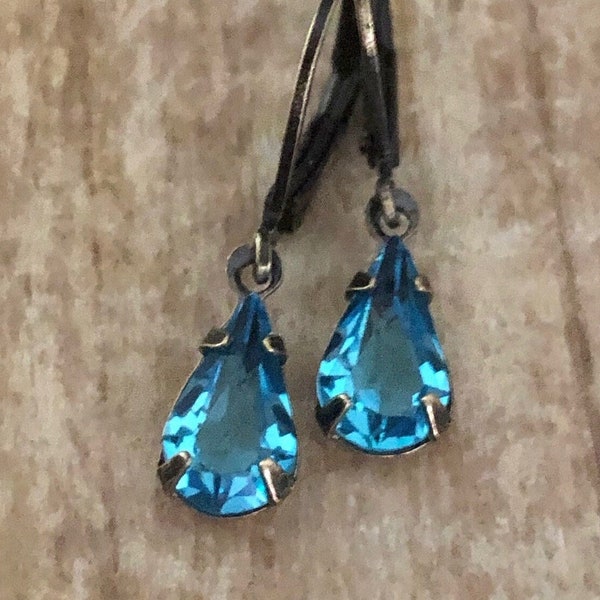 Vintage Blue Topaz Raindrop Earrings, Mid 20th Century Crystal Earrings, Vintage earrings, Blue Topaz and Bronze, Teardrop Earrings