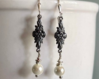 Vintage Inspired Silver and Pearl Drop Earrings, Sterling Wires, Art Deco Inspired, 1920s Jewelry, Bridal Earrings, White Pearl Dangles