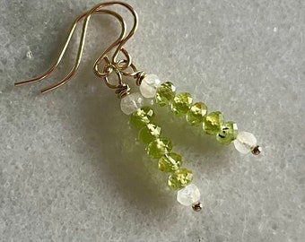 Peridot and Moonstone Earrings, 14K Gold Filled Earrings, August Birthstone, Peridot Earrings, Peridot and Gold, Stacked Peridot Earrings