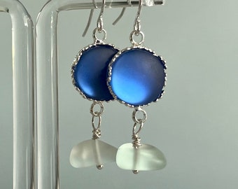 Sapphire Blue Sea Glass Earrings, Sterling Silver, Ocean Inspired