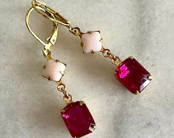 Vintage Pink Rhinestone and Gold Earrings, Pink and Gold earrings, Pink Rhinestone Earrings