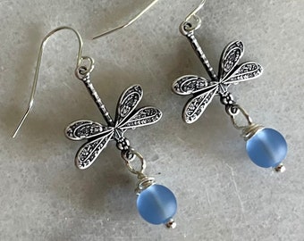 Silver Dragonfly and Sea Glass Bead Earrings, Sterling Silver, Vintage Inspired, Nature Inspired, Everyday Earrings, Lightweight Earrings