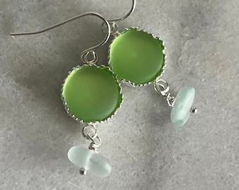 Green and Sea Foam Sea Glass Earrings, Sterling Silver Wires, Beach Glass Earrings, Beach Theme Earrings, Ocean Inspired, Beach Wedding