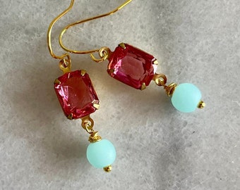 Vintage Pink Rhinestone and Soft Blue Sea Glass Gold Earrings, Gold Plated Wires, Vintage Rhinestones, Sea Glass Earrings