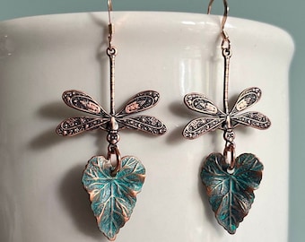 Dragonfly and Leaf Earrings, Copper and Rose Gold, Nature Inspired