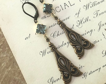 Art Nouveau Style Smoky Grey Vintage Rhinestone and Antiqued Brass Earrings