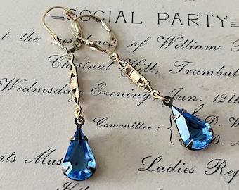 Vintage Inspired Long Skinny Earrings, Vintage Blue Rhinestone, Blue Teardrop, Blue and Gold, Art Deco Inspired, Vintage Rhinestone