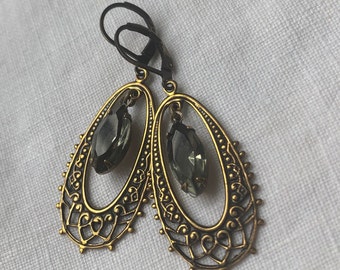 Antique Brass and Smoky Gray Vintage Rhinestone Earrings, Deco Style Earrings