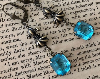 Vintage Inspired Topaz Blue and Antique Brass Dangle Earrings, Rhinestone Earrings, Scroll Design, Handmade Earring Gift