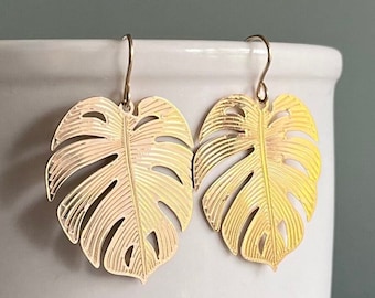 Gold Monstera Leaf Earrings, Tropical Earrings, Gold Leaf Earrings, For the Plant Lover, Monstera Leaf, Earring Gift, Lightweight Earrings