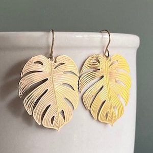 Gold Monstera Leaf Earrings, Tropical Earrings, Gold Leaf Earrings, For the Plant Lover, Monstera Leaf, Earring Gift, Lightweight Earrings image 1