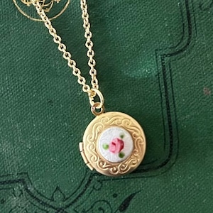 Vintage Brass and Guilloche enameled Rose Locket, 1960s, New Old Stock, Adjustable Length, Gold Plated Chain