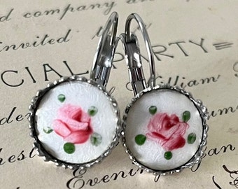 Vintage Guilloche Rosebud Enamel Earrings, New Old Stock, Rose Earrings, 1960s Era, Feminine Earrings, Romantic Earrings