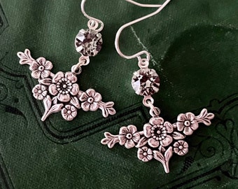 Art Nouveau Inspired Silver and Rhinestone Earrings, Floral Earrings, Sterling Silver Wires, Soft Gray Rhinestone, Flower Earrings, Vintage