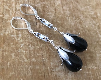 Art Deco Inspired Silver and Black Glass Drop Earrings, Onyx Black, Silver Earrings, Silver and Black