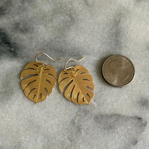 Gold Monstera Leaf Earrings, Tropical Earrings, Gold Leaf Earrings, For the Plant Lover, Monstera Leaf, Earring Gift, Lightweight Earrings image 3