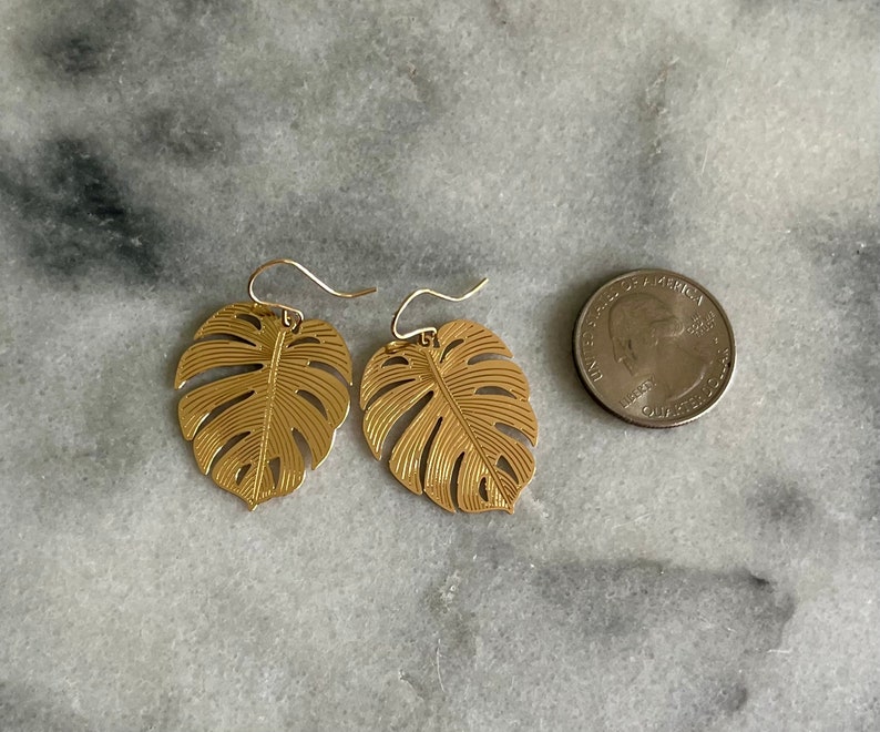 Gold Monstera Leaf Earrings, Tropical Earrings, Gold Leaf Earrings, For the Plant Lover, Monstera Leaf, Earring Gift, Lightweight Earrings image 3