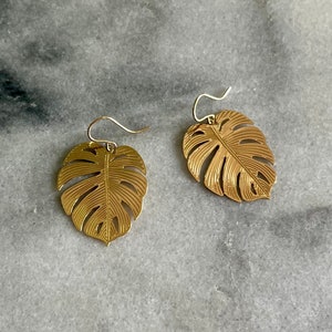 Gold Monstera Leaf Earrings, Tropical Earrings, Gold Leaf Earrings, For the Plant Lover, Monstera Leaf, Earring Gift, Lightweight Earrings image 5