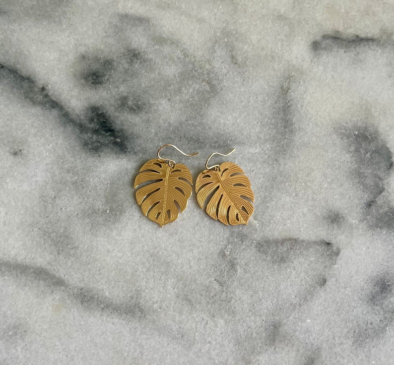 Gold Monstera Leaf Earrings, Tropical Earrings, Gold Leaf Earrings, For the Plant Lover, Monstera Leaf, Earring Gift, Lightweight Earrings image 4