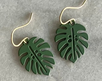 Monstera Leaf Earrings: Enamel Green, Sterling Silver or 14k Gold Filled
