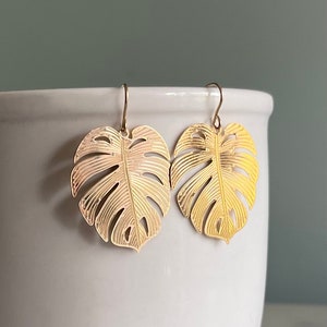 Gold Monstera Leaf Earrings, Tropical Earrings, Gold Leaf Earrings, For the Plant Lover, Monstera Leaf, Earring Gift, Lightweight Earrings image 6