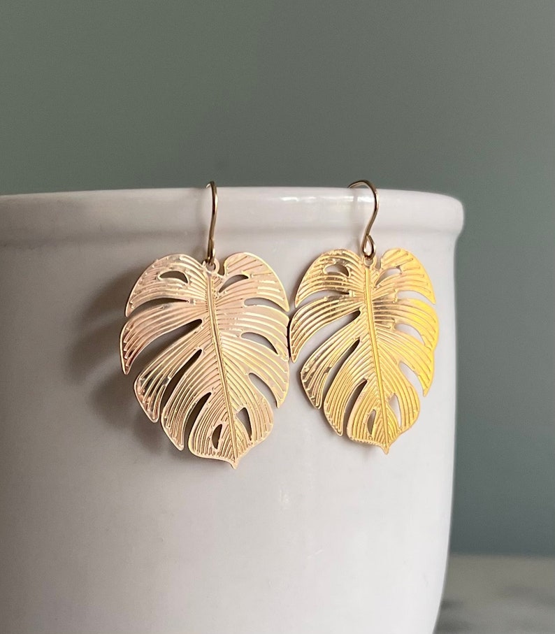 Gold Monstera Leaf Earrings, Tropical Earrings, Gold Leaf Earrings, For the Plant Lover, Monstera Leaf, Earring Gift, Lightweight Earrings image 6