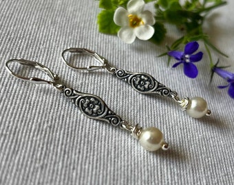 Vintage Pearl and Silver Floral Earrings, Romantic Silver Earrings, Feminine Flower Earrings, Silver Flower Dangles, Pearl Dangle Earrings