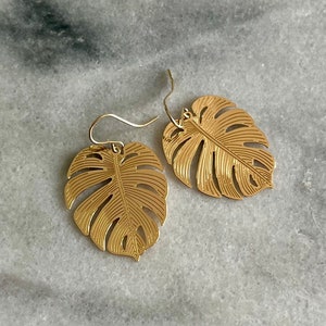 Gold Monstera Leaf Earrings, Tropical Earrings, Gold Leaf Earrings, For the Plant Lover, Monstera Leaf, Earring Gift, Lightweight Earrings image 2