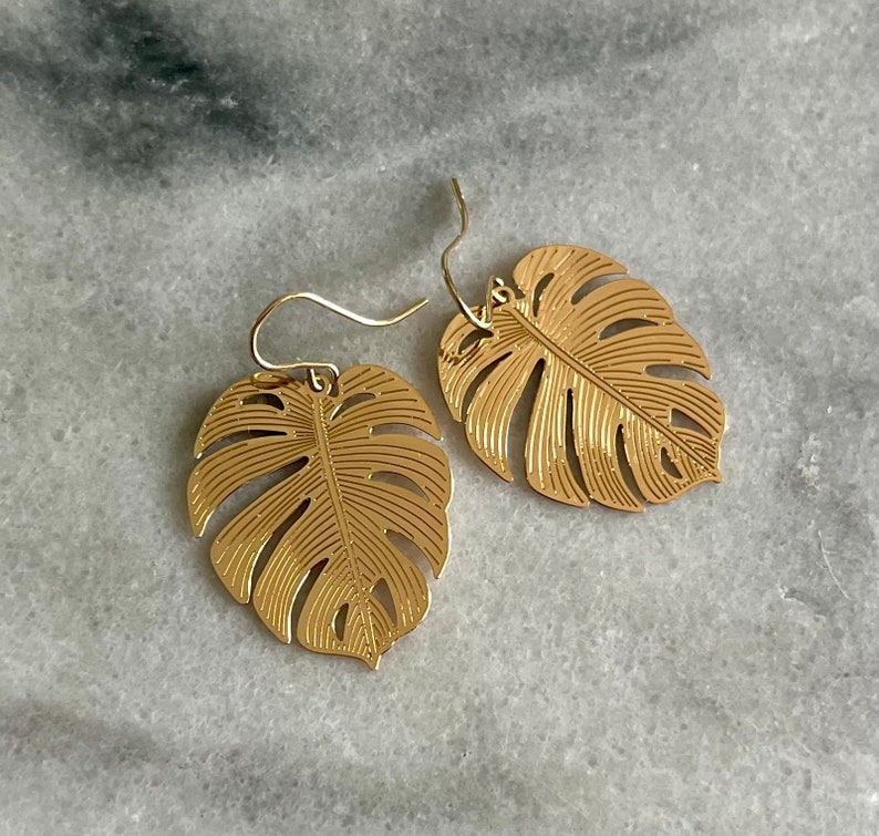 Gold Monstera Leaf Earrings, Tropical Earrings, Gold Leaf Earrings, For the Plant Lover, Monstera Leaf, Earring Gift, Lightweight Earrings image 2