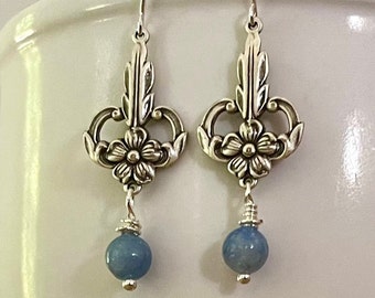 Art Deco Inspired Floral Silver and Blue Earrings, Blue Agate Earrings, Silver Flower Earrings, Sterling Silver Wires, Feminine Earrings