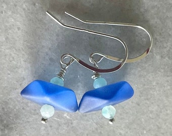 Blue Beach Glass and Ammonite Earrings, Sterling Silver Earrings, Sea Glass Earrings, Blue and Silver, Blue Beach Glass, Handmade Earrings